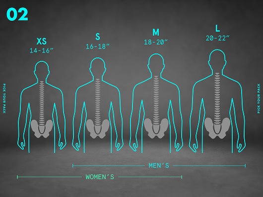 Size chart silhouettes showing XS, S, M and L torso lengths